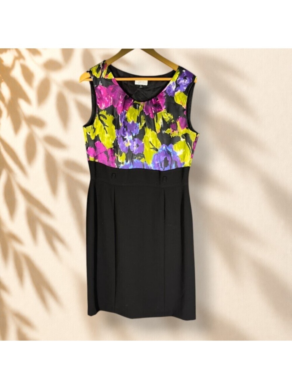 Tahari Dress Women 12 Black Floral Sheath Midi Zipper Sleeveless Lined Casual